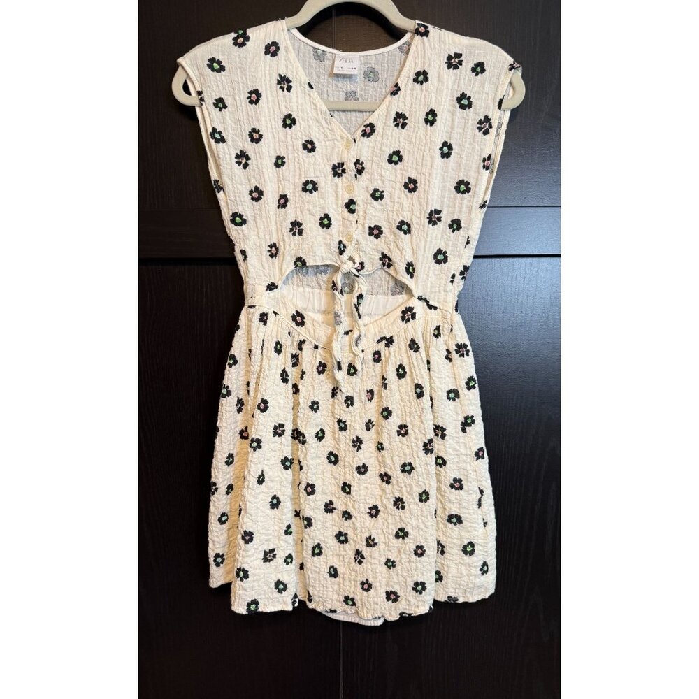 Zara Kids Girls Floral Sleeveless Cut Out Knotted Waist Textured Dress Size 10